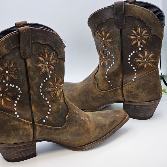 Sante Fe Western Boots Womens 11M Distressed Leather Rhinestone Cowgirl Festival - Picture 7 of 13